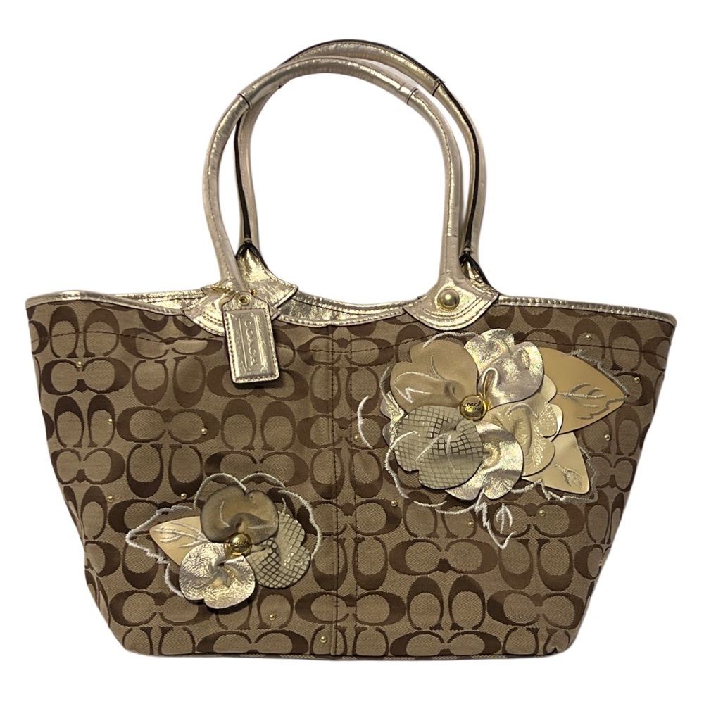COACH Brown and Gold Tote Bag with Signature Monogram